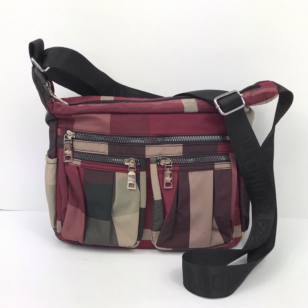 RUIMOTI Plaid Padded Nylon Crossbody Bag with Logo Seatbelt Strap Handle